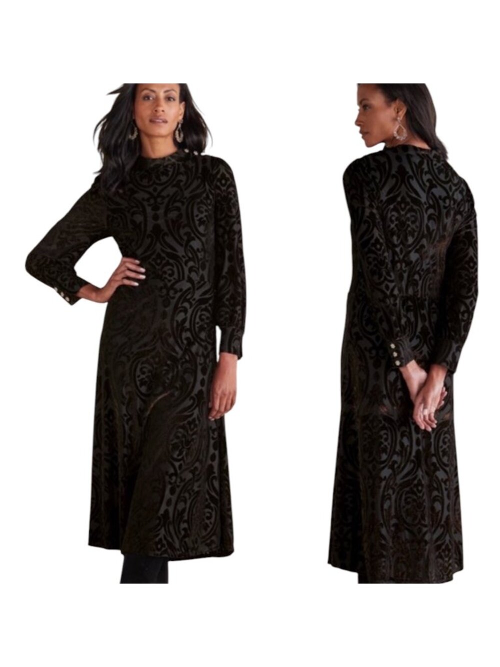 Soft Surroundings Women's Black Velvet Burnout Midi Hadley Dress Size 10